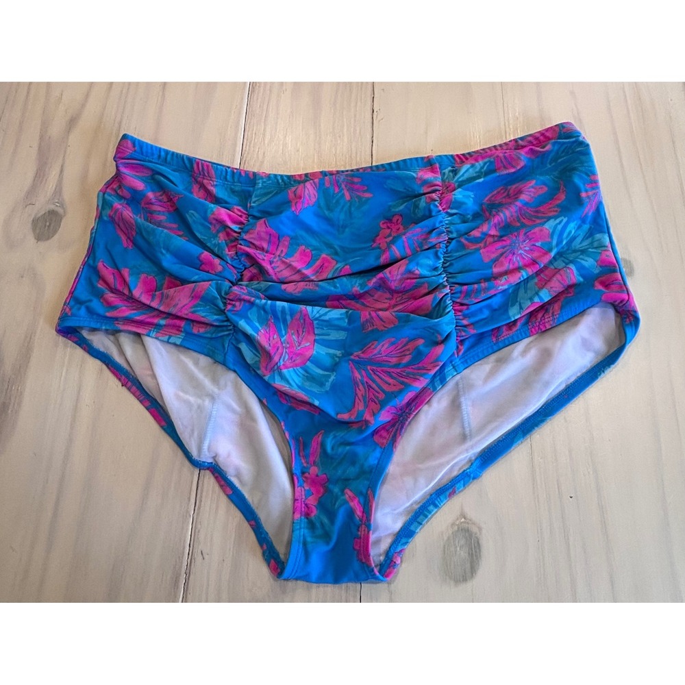 Torrid Blue Pink Tropical Floral Ruched High Waist Swim Bottoms Plus Size 4